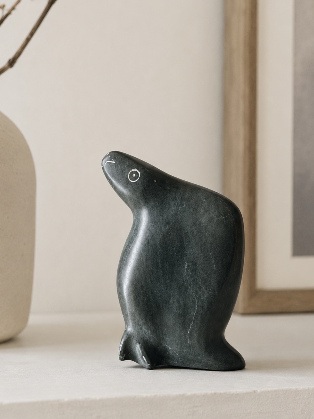 Signed Inuit Penguin Carving Mina Emiqutailaq E9-86 Soapstone Sculpture RARE